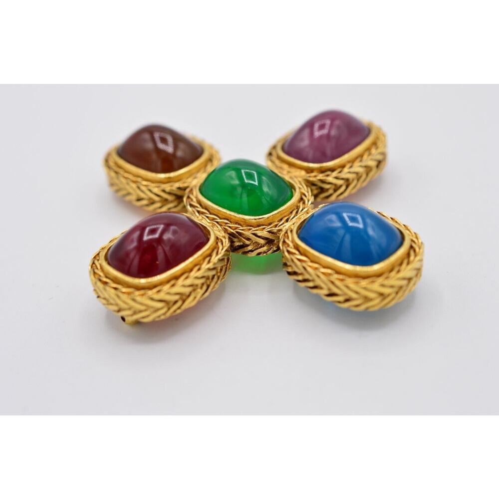 Givenchy Vintage Gripoix Byzantine Cross Pin Brooch Cabochon Glass Signed BinF - Picture 7 of 12